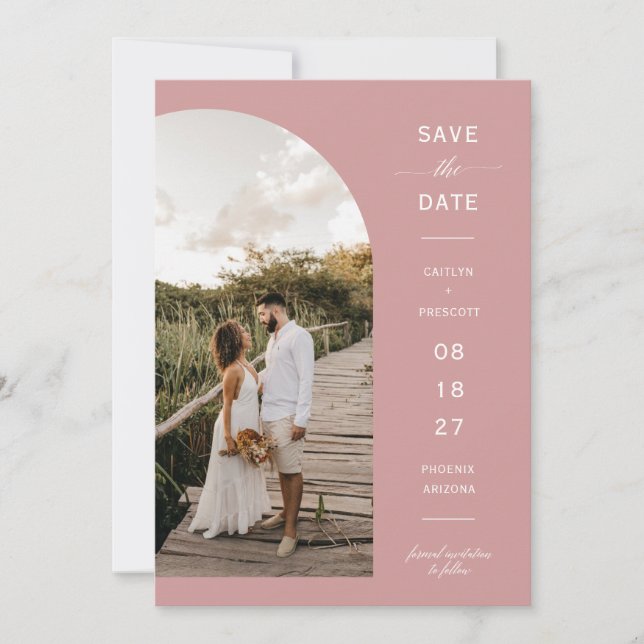 Dusty Pink Boho Arch Foto QR-Code Save the Date Einladung (Vorderseite)