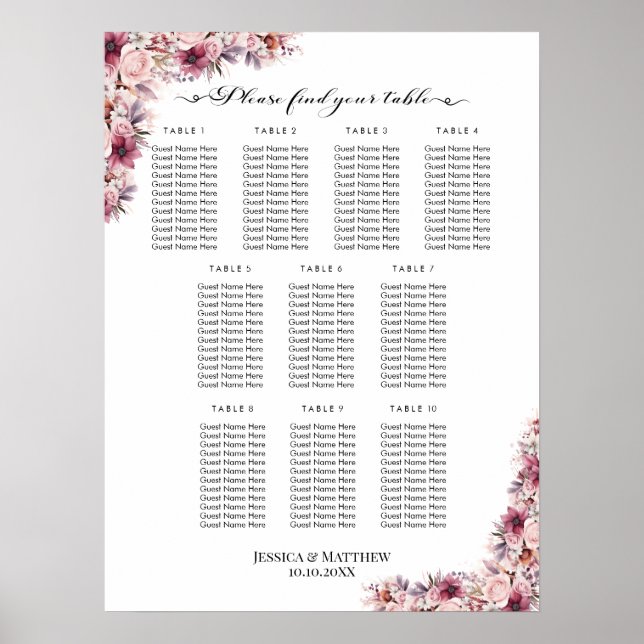 Dusty Pink Boho Floral 10 Tische Hochzeitssitze Poster (Vorne)