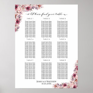 Dusty Pink Boho Floral 9 Tische Hochzeitssitze Poster