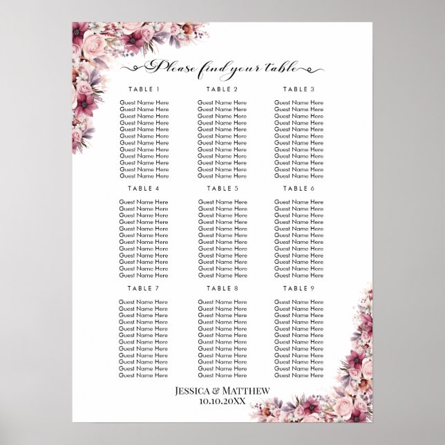 Dusty Pink Boho Floral 9 Tische Hochzeitssitze Poster (Vorne)