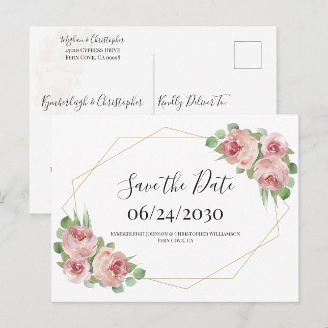 Dusty Pink Boho Floral Geometric Save the Date Postkarte (Vorne/Hinten)
