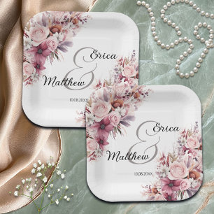 Dusty Pink Boho Floral Modern Script Wedding Pappteller