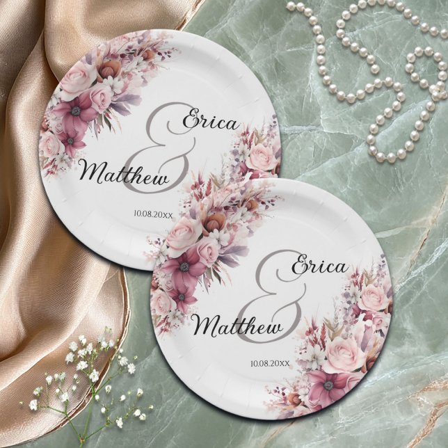 Dusty Pink Boho Floral Modern Script Wedding Pappteller (Von Creator hochgeladen)