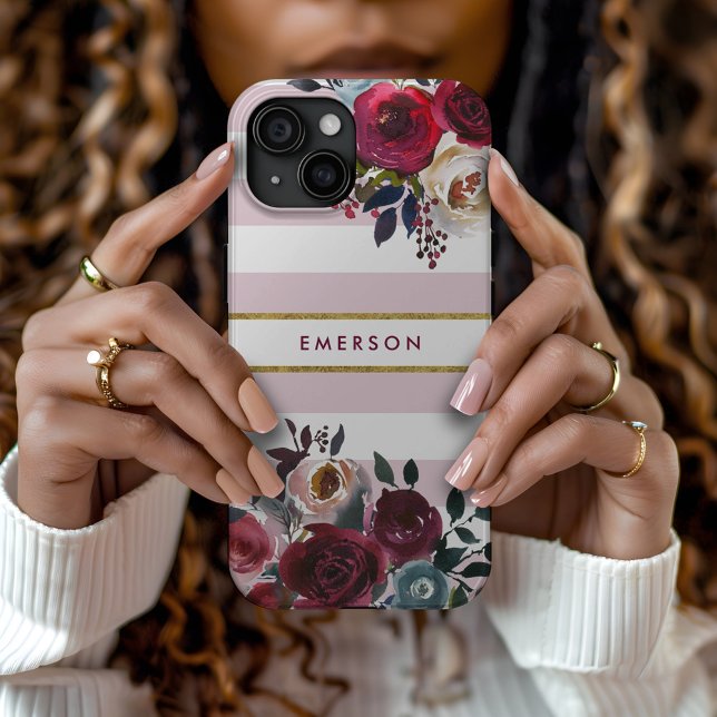 Dusty Pink Boho Floral Stripe Monogramm Case-Mate iPhone Hülle (Von Creator hochgeladen)
