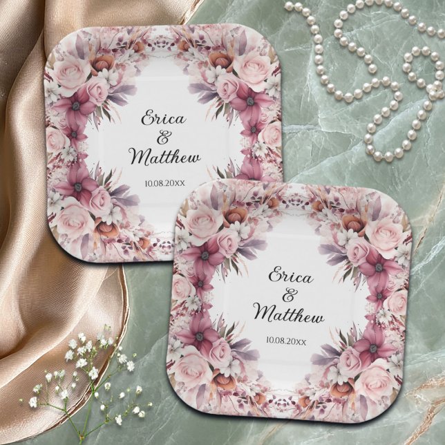 Dusty Pink Boho Floral Wedding Pappteller (Von Creator hochgeladen)