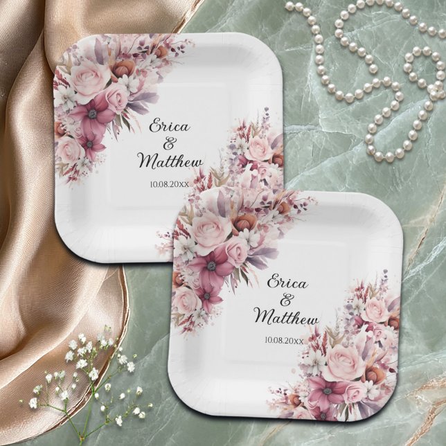 Dusty Pink Boho Floral Wedding Pappteller (Von Creator hochgeladen)