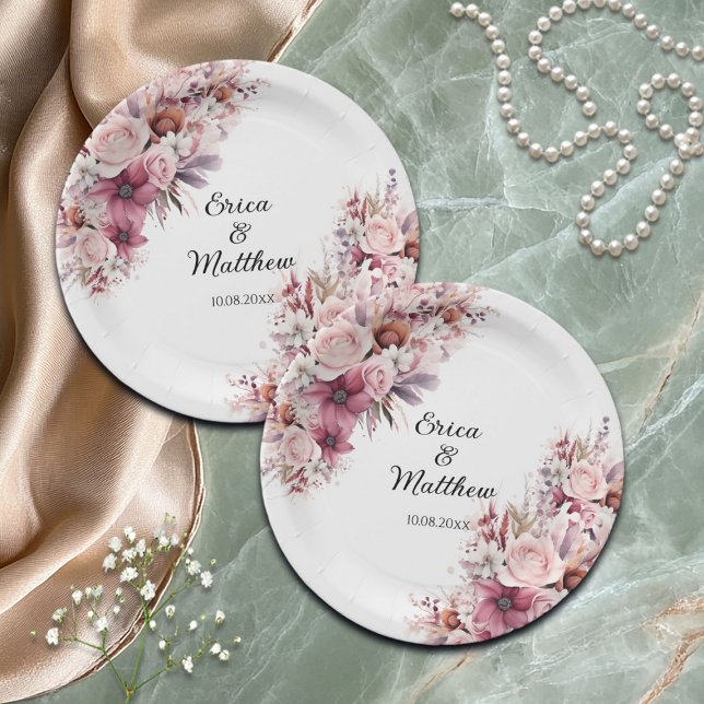 Dusty Pink Boho Floral Wedding Pappteller (Von Creator hochgeladen)