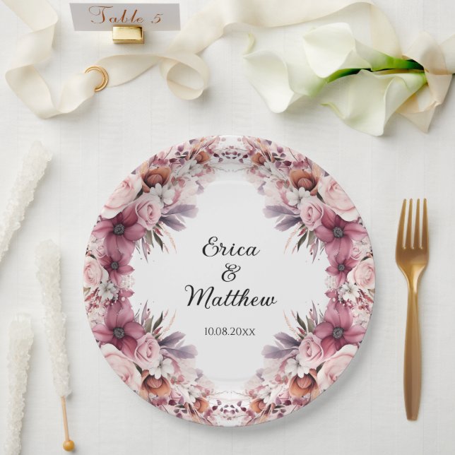 Dusty Pink Boho Floral Wedding Pappteller (Hochzeit)