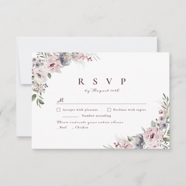 Dusty pink boho florale rustikale Hochzeit RSVP Karte (Vorderseite)