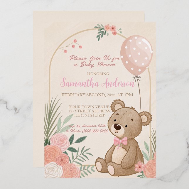 Dusty Pink Boho Teddy Bear Balloon Baby Folieneinladung (Vorderseite/Rückseite)