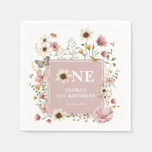 Dusty Pink Boho Wildblume Girl 1. Geburtstag Party Serviette