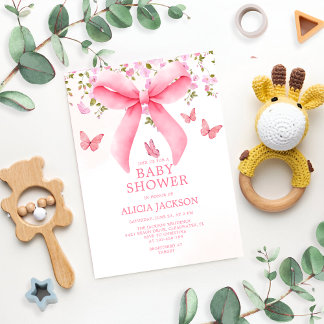 Dusty Pink Bow Floral Coquette Butterflies Baby Einladung