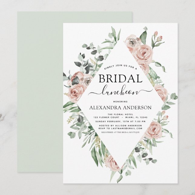Dusty Pink Brautparty Luncheon Grün Invita Einladung (Vorne/Hinten)