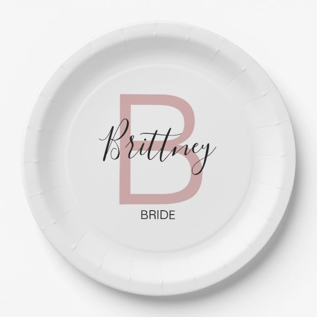 Dusty Pink Bride Monogram Pappteller (Vorderseite)