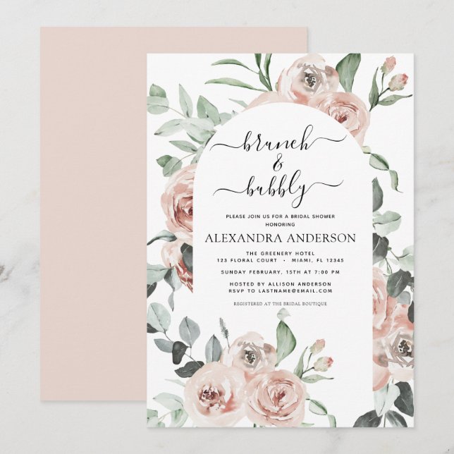 Dusty Pink Brunch & Bubbly Brautparty Greenery Einladung (Vorne/Hinten)