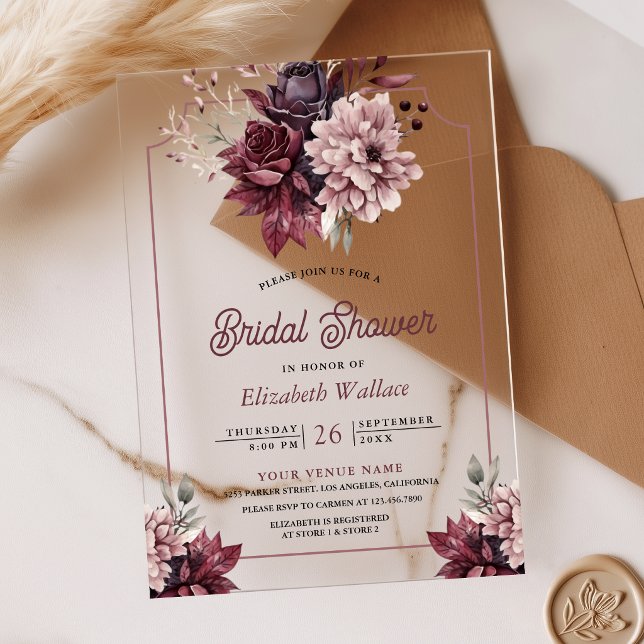 Dusty Pink Burgundy Floral Bridal Shower Acryleinladungen (Von Creator hochgeladen)