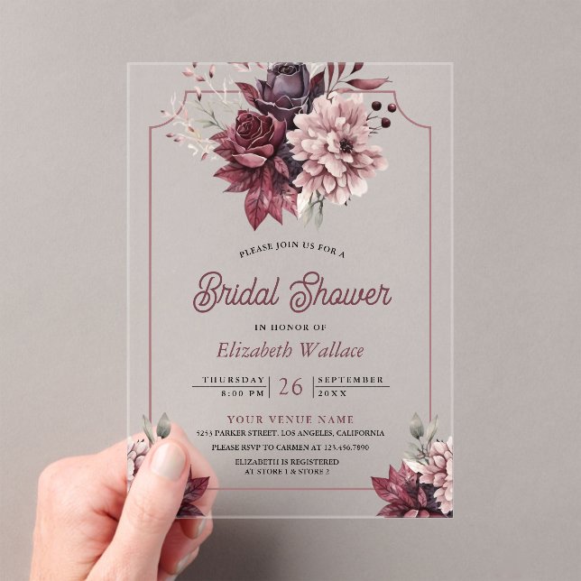 Dusty Pink Burgundy Floral Bridal Shower Acryleinladungen (Insitu (Handheld))
