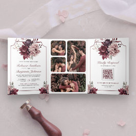 Dusty Pink Burgundy Floral Frame QR Code Hochzeit Dreifach Gefaltete Einladung