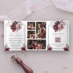 Dusty Pink Burgundy Floral Frame QR Code Hochzeit Dreifach Gefaltete Einladung