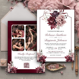 Dusty Pink Burgundy Floral Frame QR Code Hochzeit Einladung