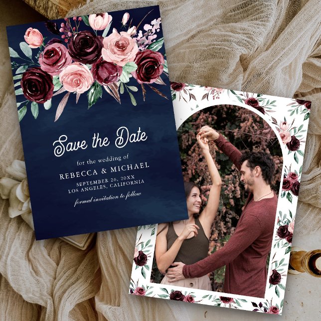 Dusty Pink Burgundy Floral Navy Blue Wedding Save The Date (Von Creator hochgeladen)