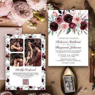 Dusty Pink Burgundy Floral QR Code Wedding Einladung