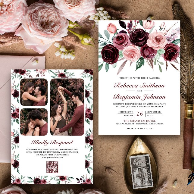 Dusty Pink Burgundy Floral QR Code Wedding Einladung (Von Creator hochgeladen)