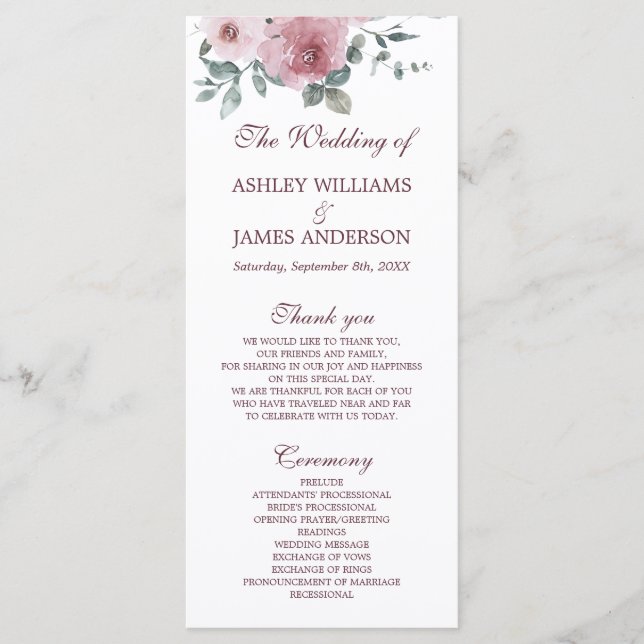 Dusty Pink Burgundy Floral Wedding Program Programm (Vorderseite)