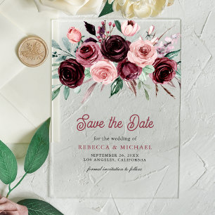 Dusty Pink Burgundy Floral Wedding Save the Date Acryleinladungen