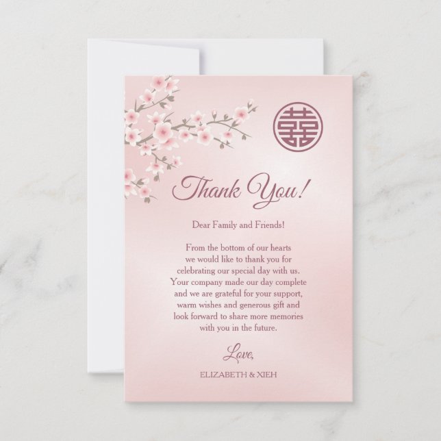 Dusty Pink Cherry Blossom Chinesische Hochzeit Dankeskarte (Vorderseite)