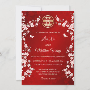 Dusty Pink Cherry Blossom Chinesische Hochzeit Einladung