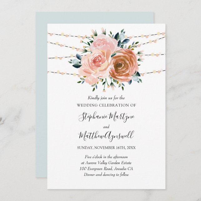 Dusty Pink Coral Blue Botanical Lights Wedding Einladung (Vorne/Hinten)