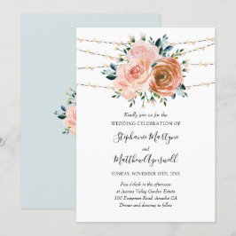 Dusty Pink Coral Blue Botanical Lights Wedding Einladung