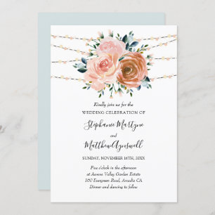 Dusty Pink Coral Blue Botanical Lights Wedding Einladung