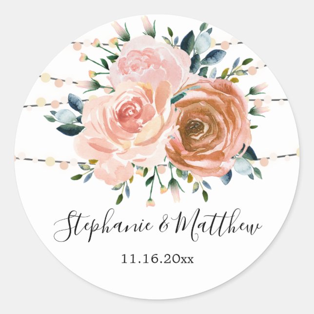 Dusty Pink Coral Botanical String Lights Wedding Runder Aufkleber (Vorderseite)