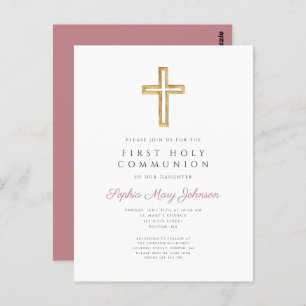 Dusty Pink Cross Religious Junge Erste Kommune Postkarte