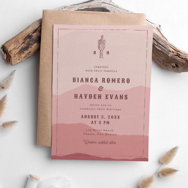 Dusty Pink Desert Cactus Western Wedding Einladung (Western wedding invitation with painted desert landscape and cactus illustration in dusty pink.)