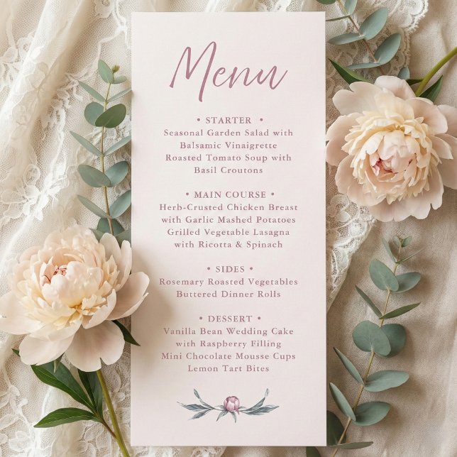 Dusty Pink Elegant Script Wedding Menu Menükarte (minimalist dusty pink peony wedding menu card in modern script calligraphy)
