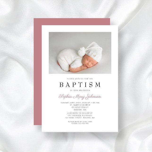 Dusty Pink Elegantes Foto Girl Taufe Einladung (Dusty Pink Elegant Photo Girl Baptism Invitation)
