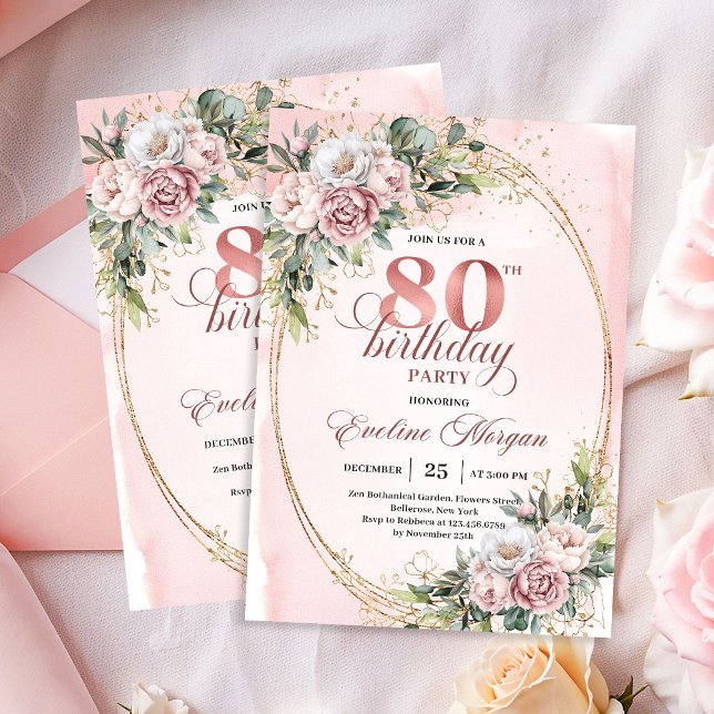 Dusty Pink Eucalyptus 80th Birthday Invite Card Einladung (Dusty Pink Eucalyptus 80th Birthday Invite Card)