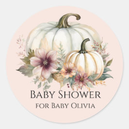Dusty Pink Fall Floral White Pumpkin Baby Dusche Runder Aufkleber