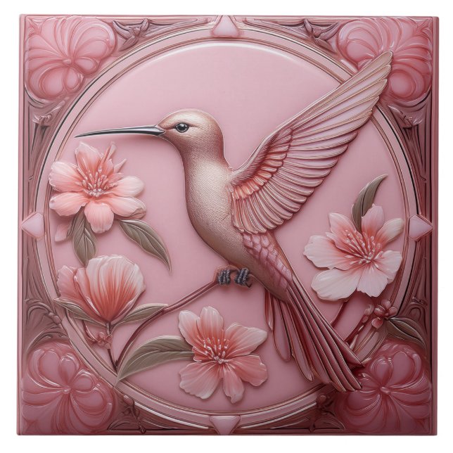Dusty pink faux relief Art Nouveau Hummingbird L Fliese (Vorderseite)