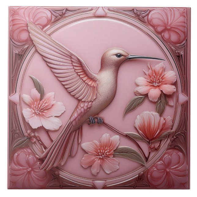 Dusty pink faux relief Art Nouveau Hummingbird R Fliese (Vorderseite)