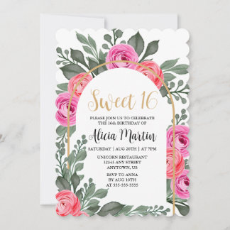 Dusty Pink Flora Greenery Rose Gold Sweet 16 Einladung