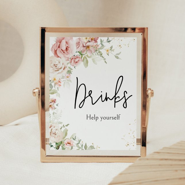 Dusty Pink Floral Baby Duschgetränke Poster (Dusty Pink Floral Greenery Baby Shower Drinks Sign)