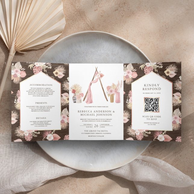 Dusty Pink Floral Boho Arbor Wood QR Code Hochzeit Dreifach Gefaltete Einladung (Von Creator hochgeladen)
