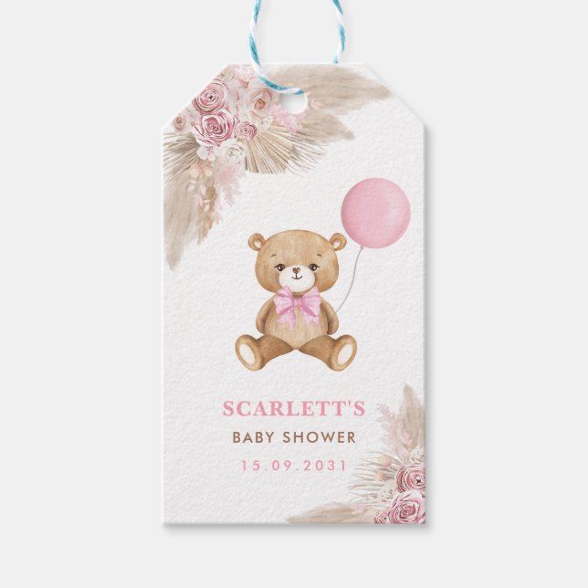 Dusty Pink Floral Boho Teddy Bear Baby Girl Party Geschenkanhänger (Vorderseite)