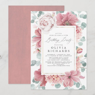 Dusty Pink Floral Botanisches Elegantes Geburtstag Einladung