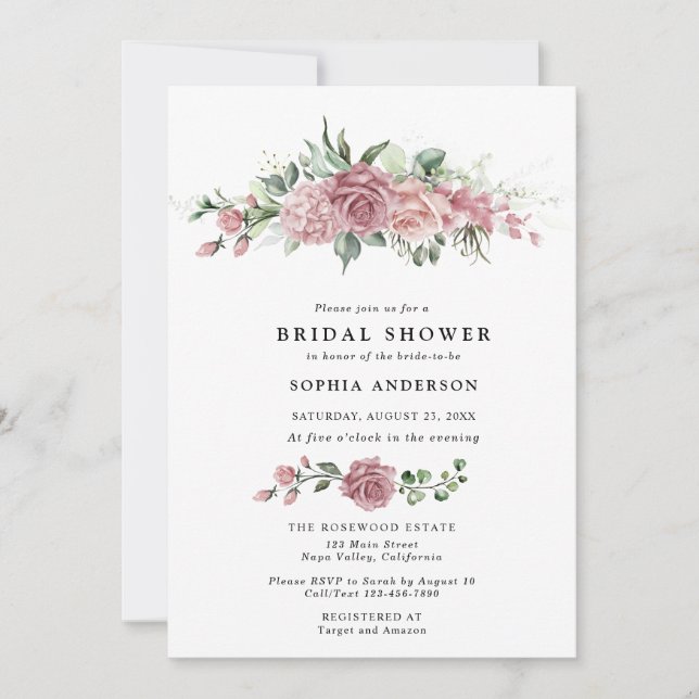 Dusty Pink Floral Bridal Shower Invitation Einladung (Vorderseite)