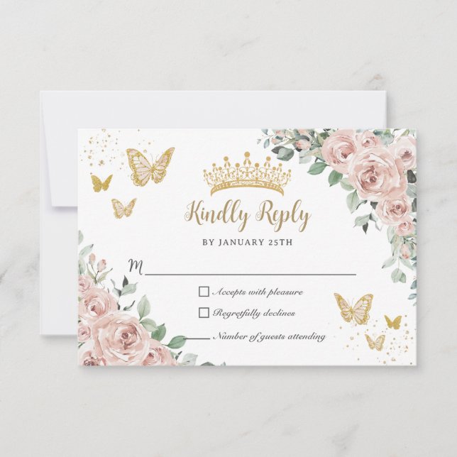 Dusty Pink Floral Butterfells Gold Quinceañera RSVP Karte (Vorderseite)